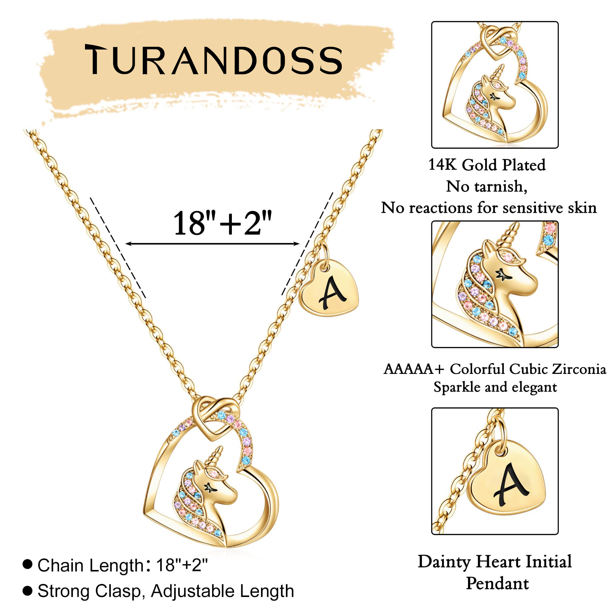 Turandoss 14K Gold Plated Unicorn Heart Initial Necklace photo 5