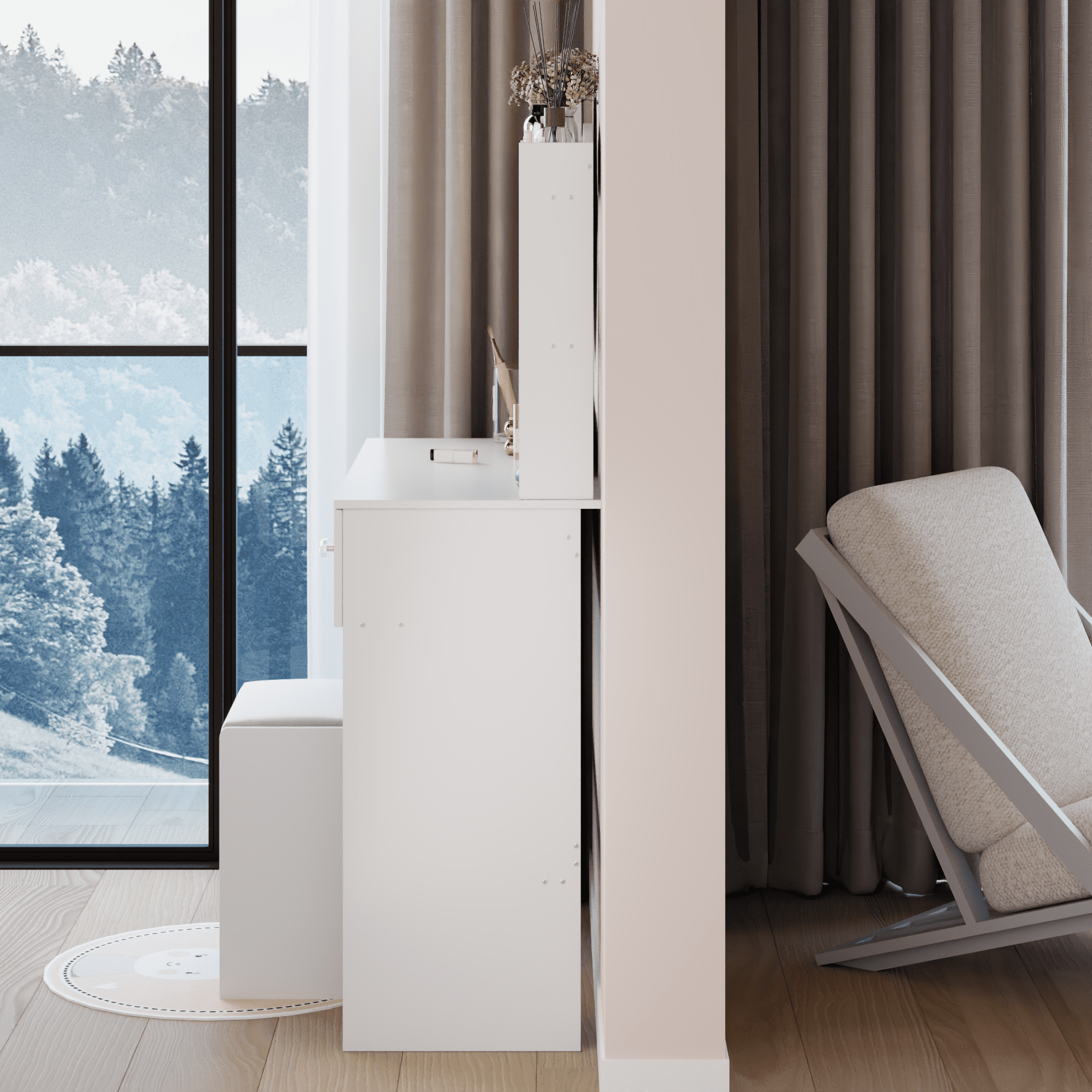 Leumius Makeup Vanity Desk with Mirror and Lights,Dressing Table with 2 Drawers,3 Color Lighting Brightness,Multi-layer High Capacity Storage Makeup Table for Bedroom,White