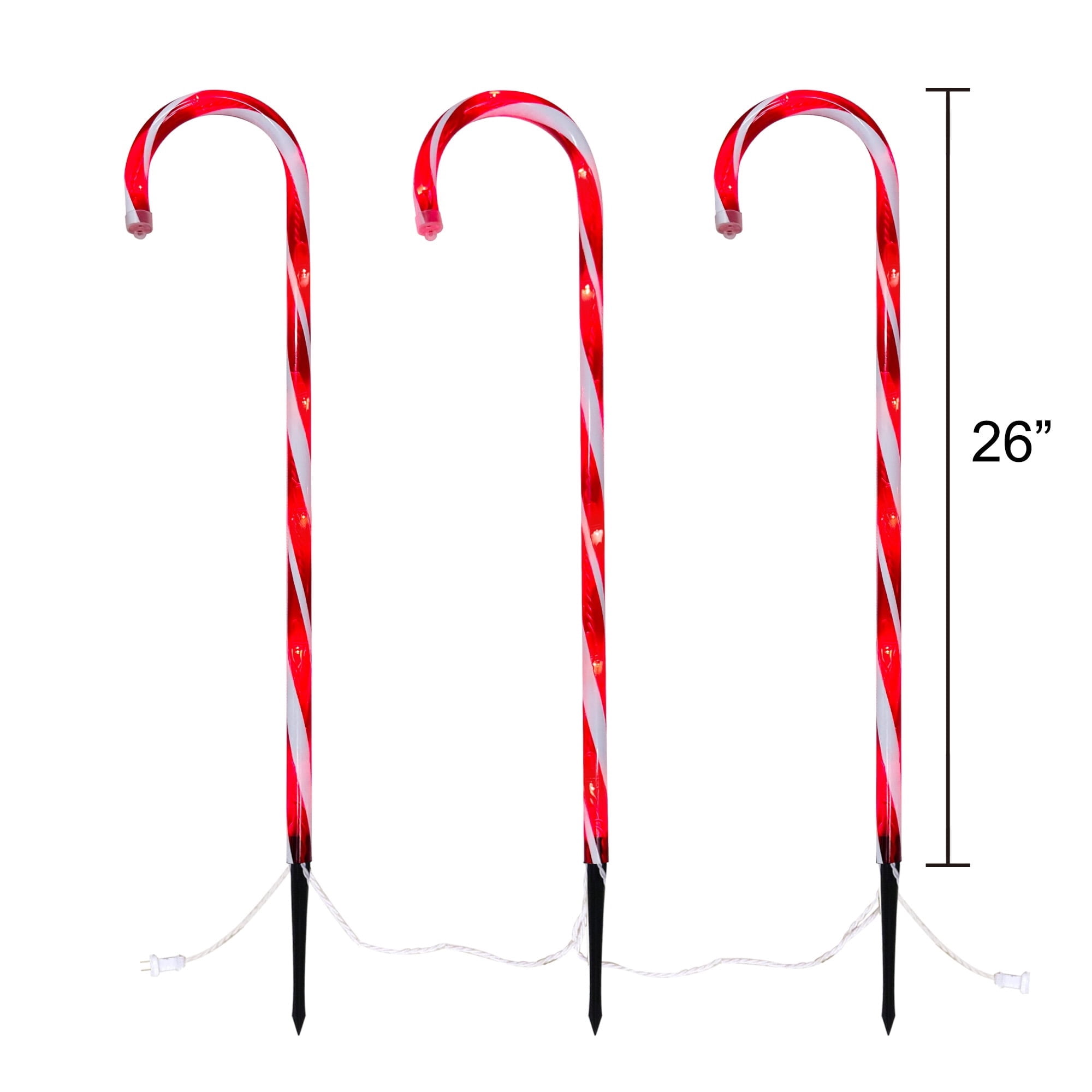 Light-Up Candy Cane Outdoor Christmas Yard Stakes, Red and White, 26", Set of 3, by Holiday Time