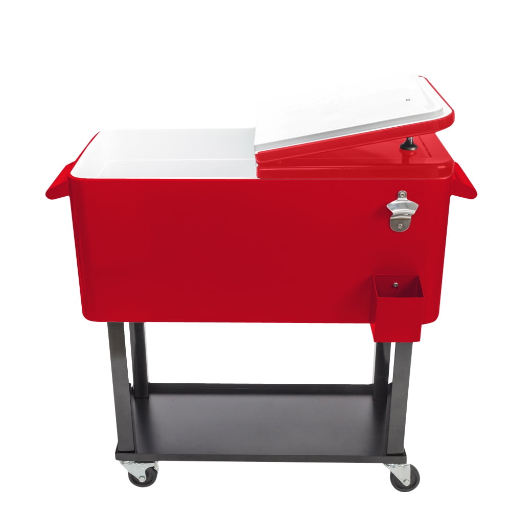 SYNGAR 80 Quart Rolling Cart on Wheels, Portable Ice Chest with Shelf, Bar Drink Cooler, Beverage Cooler with Bottle Opener and Drain Plug, for Party Patio Poolside Camping, Red, D6046