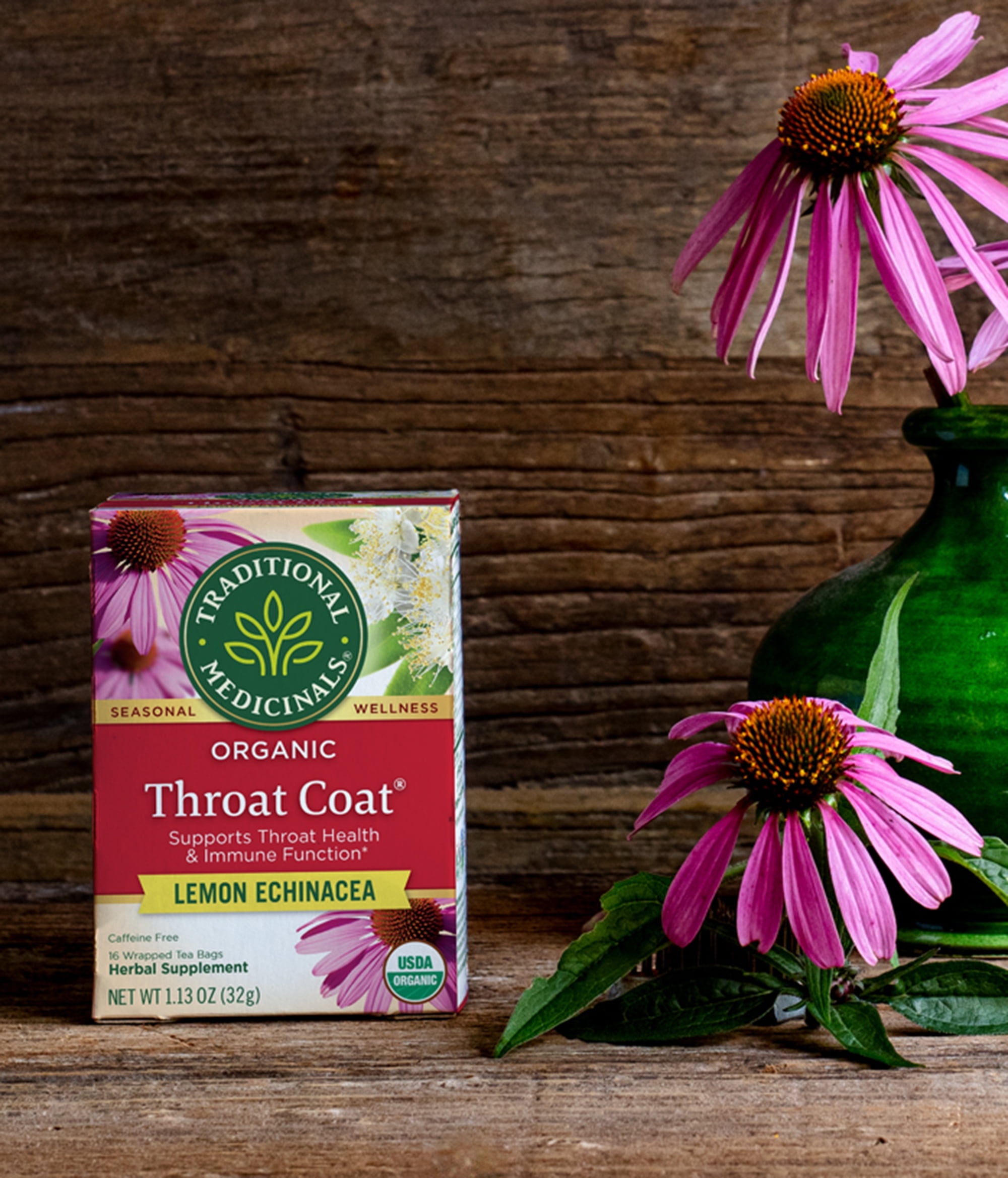 (4 pack) Traditional Medicinals, Organic Throat Coat Lemon Echinacea, Tea Bags, 16 Ct