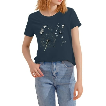 NAMTYQX Summer Tops Breathable Patterned Crew Neck Muster Stylish Short Sleeve Oversized Lightweight Boxy Fit Cute Summer Tops for Women Navy Size L