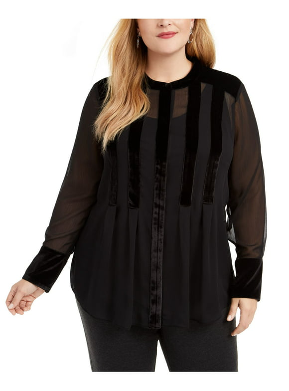 ALFANI Womens Black Velvet Long Sleeve Jewel Neck Blouse Plus Size: 0X