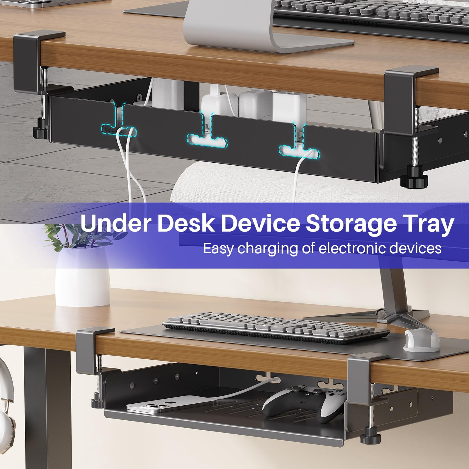 No Drill Under Desk Laptop Mount  Metal Storage Shelf With Cable Management Tray For Macbook Mini Anti-scratch Silicone Fits Office Gaming Workstations
