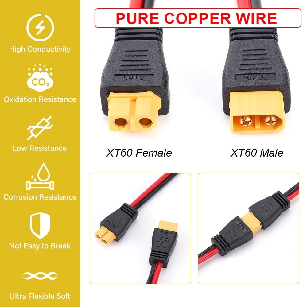 Hormy 12AWG 10FT XT60 Extension Cable, Female to Male Connector for RC Battery, Battery Pack, Solar Generator, Portable Power Station, Solar Panel