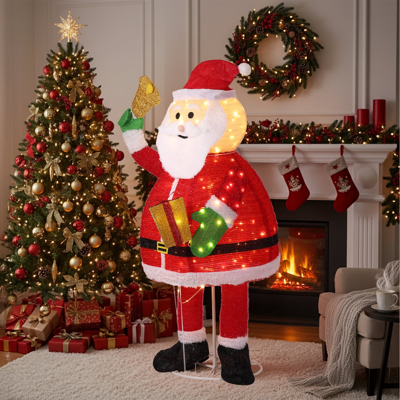 Astoutdoor Lighted Santa Claus Christmas Yard Decoration, Pre-Lit Pull-Up with 200 Warm White LEDs, 32.68 in x 7.09 in x 31.50 in, White