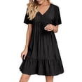 thumbnail image 3 of Summer Solid Dresses for Women 2026 Short Sleeve v Neck Mini T Shirt Dress - Midi Dress Flowy Pleated Beach Sundress - Summer Trendy Vacation Beach Dress Black L, 3 of 8
