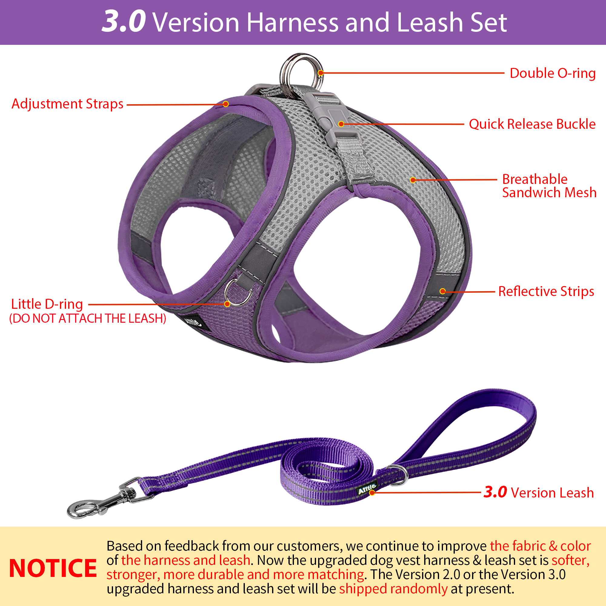 AIITLE Step-In Dog Harness and Leash Set, Purple XXXS photo 2