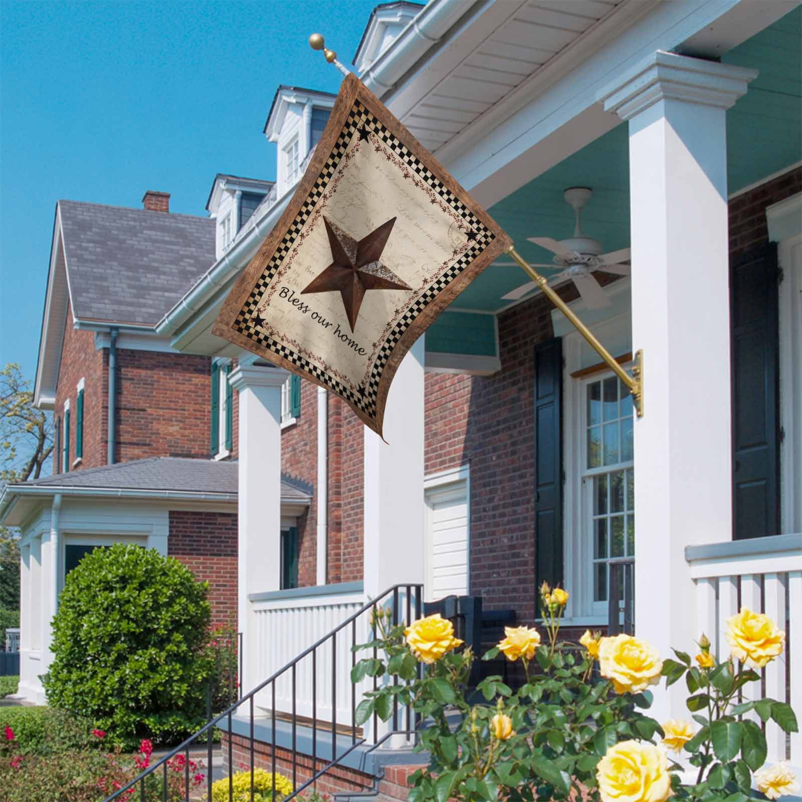 Retro Star House Flag 28 x 40 Inches, Bless Our Home Black Plaid Vintage Letter Farms Weather Proof Outdoor Patio Flags Double Sided Small House Decoration for Yard Lawn Outside Home