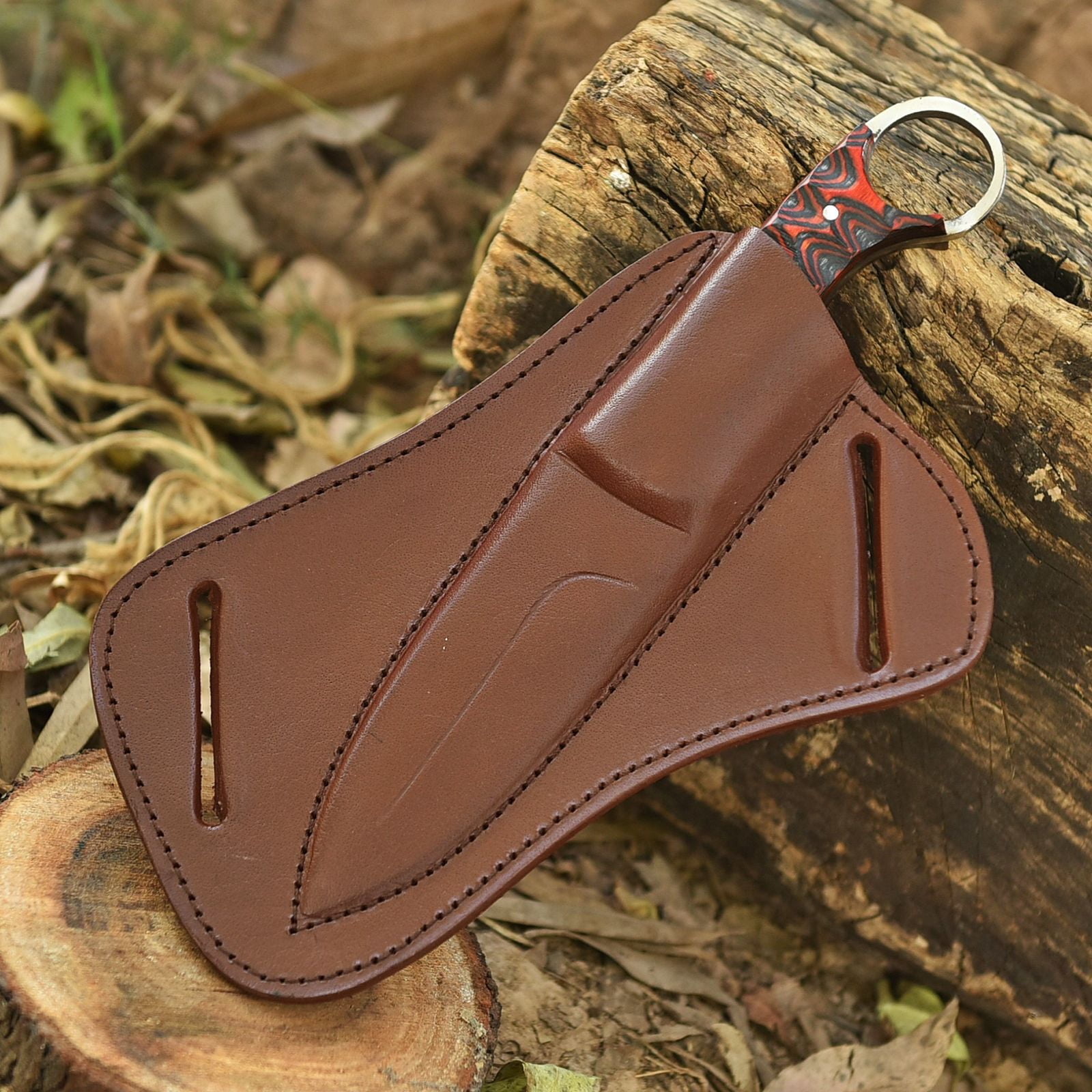 Damascus Steel Hunting Knife with Wooden Handle & Finger Ring, Fixed Blade Knife with Leather Sheath, Outdoor Camping Survival Knife