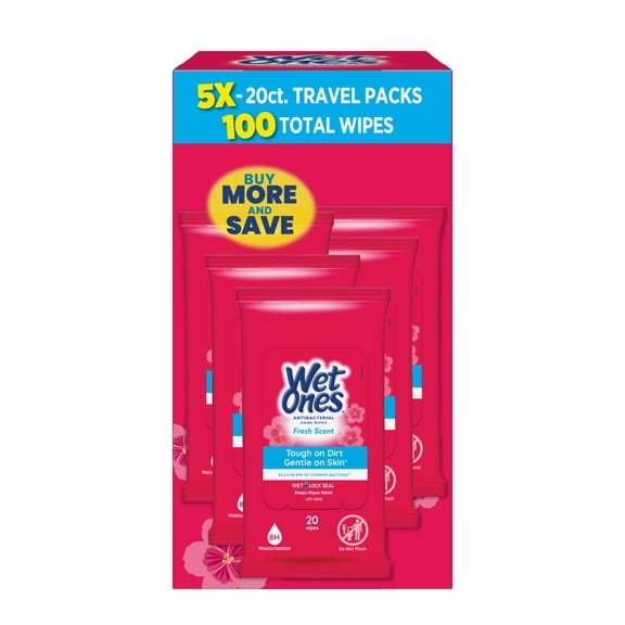 Wet Ones Antibacterial Hand Wipes, Fresh Scent, 20 Each (5 Pack)