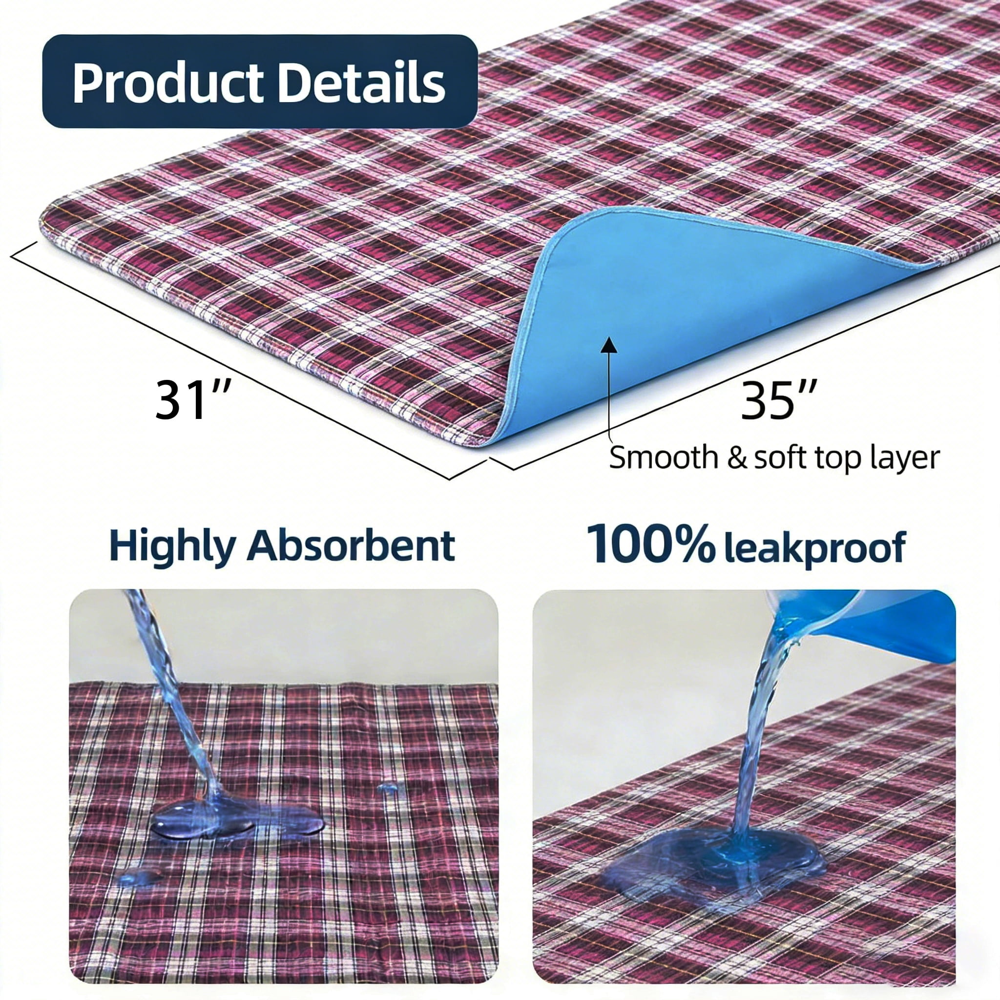 BUYHAO Washable Bed Pads for Incontinence 35"x31" (2 Pack) – Reusable Heavy Absorbency Underpads, Waterproof Protection for Elderly & Pets (Purple)
