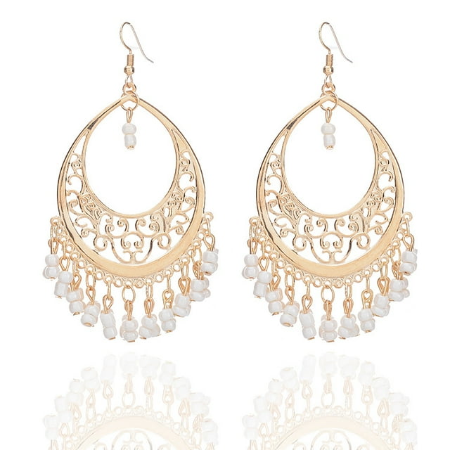 Nvzi Pendientes aptos para hombre y mujer, pendientes de borla con cuentas de arroz y forma de gota hueca (blancos)