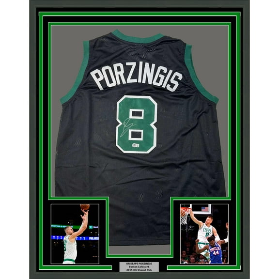 Framed Autographed/Signed Kristaps Porzingis 35x39 Boston Black Basketball Jersey JSA COA