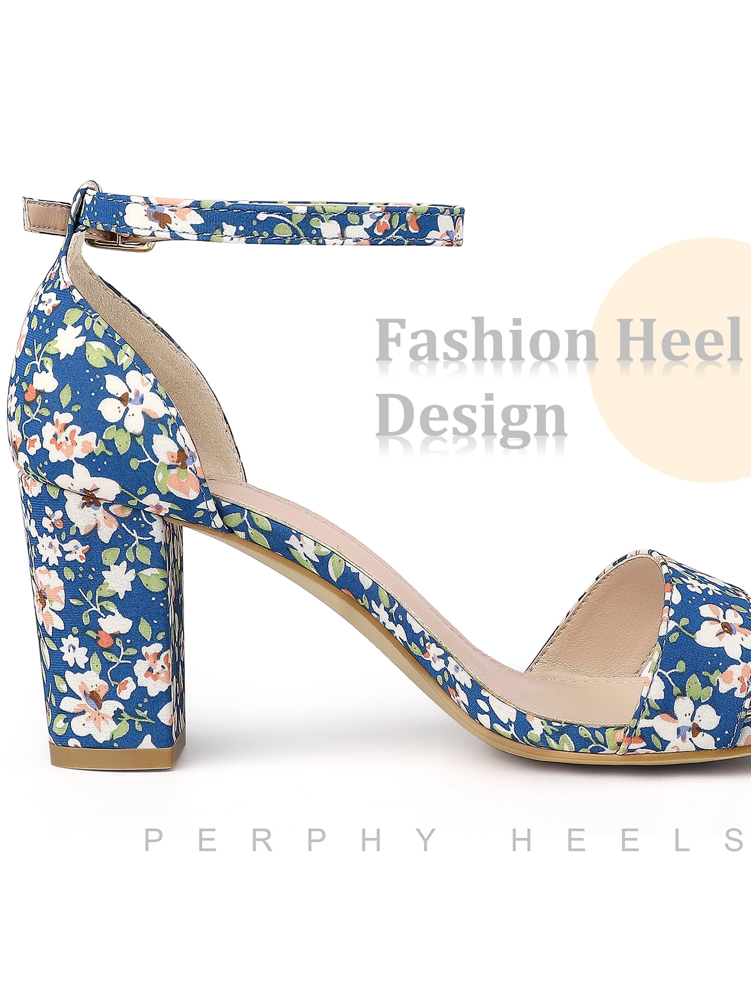 DARING DIVA Women's Floral Open Toe Ankle Strap Chunky Heel Sandals Dark Blue 9