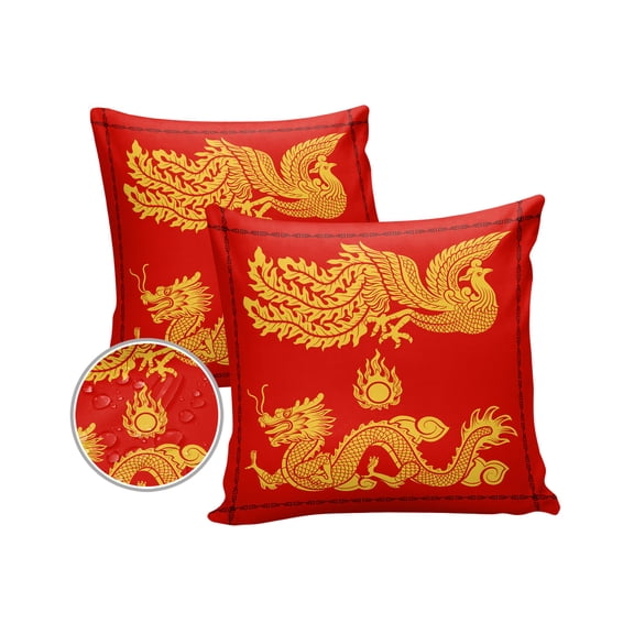 Pack of 2 Outdoor Pillow Covers, Chinese New Year Golden Dragon Red Waterproof Square Throw Pillowcase Cushion Decorative Pillow Covers for Couch Patio Tent, 18x18 in