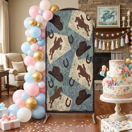 Country Western Theme Arch Backdrop Covers 6.6 FT Brown Cowboy Hat Blue Plaid Flower Texture Stretchy Fitted Arched Stand Covers Party Arch Stand Cover Photo Booth for Wedding Birthday Decor
