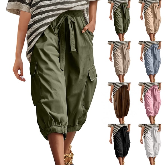 Busydd Womens Capris with Pockets Comfortable Adjustable Waist Cargo Pants Casual Solid Color Drawstring Hiking Pants S