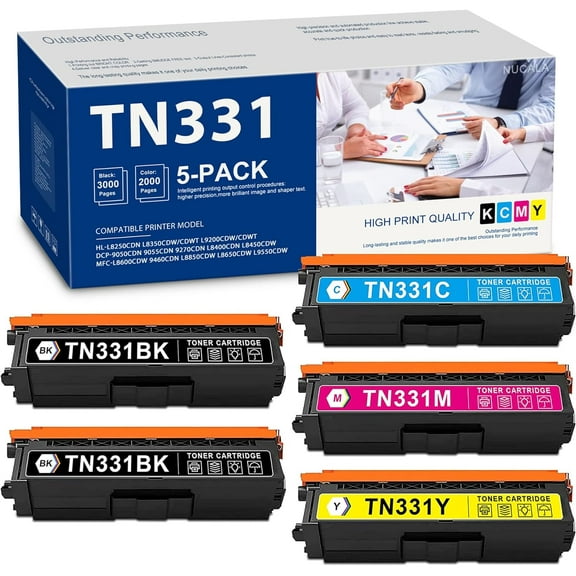 TN-331BK TN-331C TN-331M TN-331Y Toner Cartridge Black,Cyan,Magenta,Yellow Set Replacement for Brother HL-L8350CDW HL-L8350CDWT MFC-L8850CDW MFC-L8600CDW Printer (5-Pack，2BK 1C 1M 1Y)
