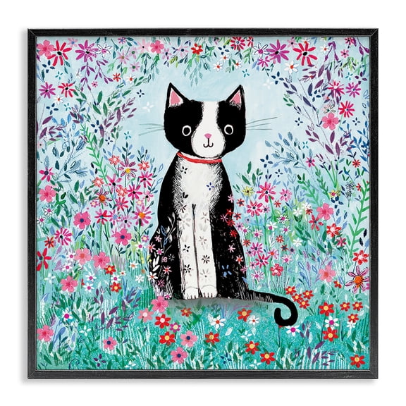Black Cat with Whimsical Daisies Black Framed Giclee Art, 12 x 12, Made In USA