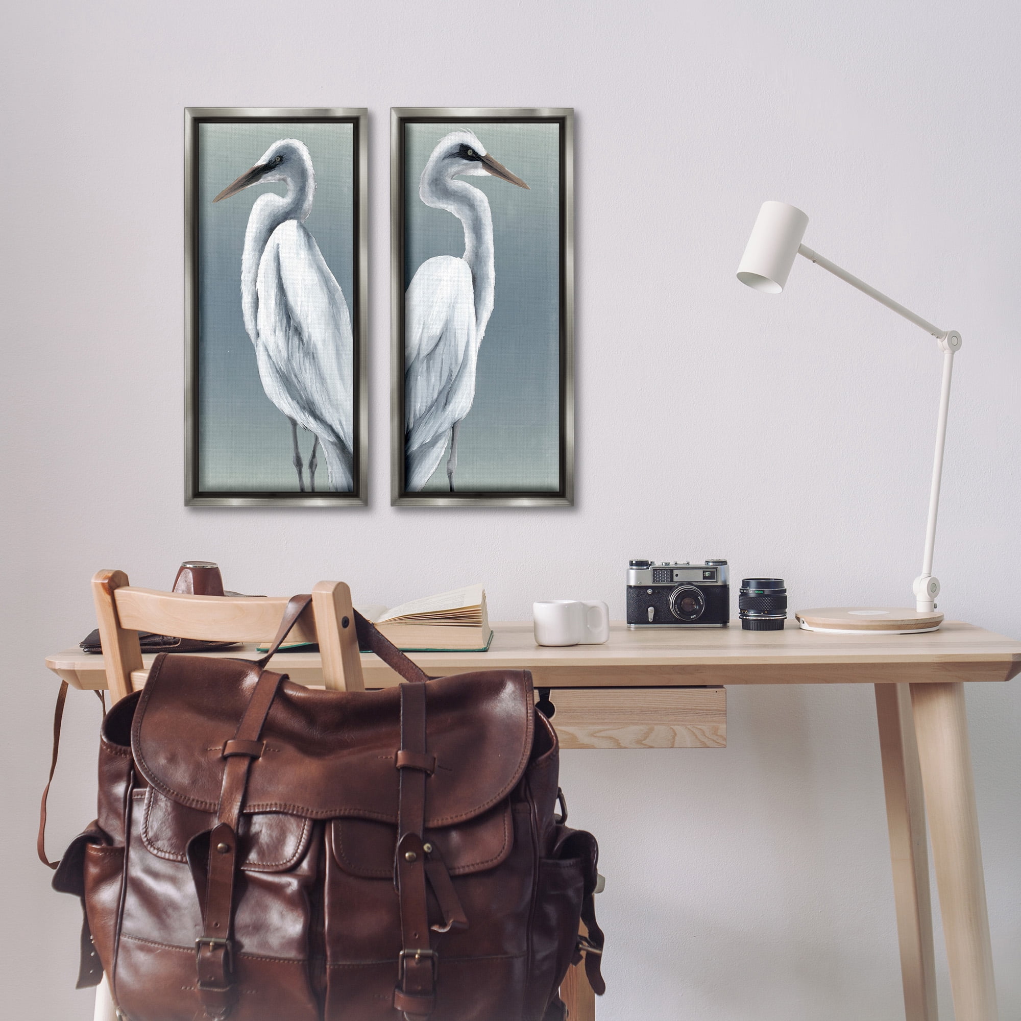 Stupell Industries Nautical Egret Portraits Animals & Insects Painting Gray Floater Framed Canvas Art Print Wall Art, 11 x 25, Set of 2