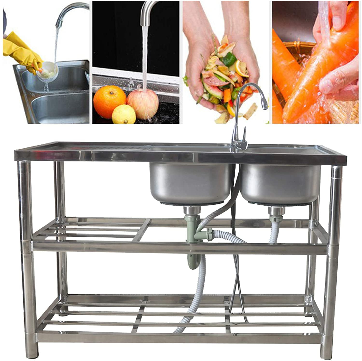WUZSTAR Commercial Catering Kitchen Sink 2 Compartment Stainless Steel Utility Free-standing Sink 360° Faucet