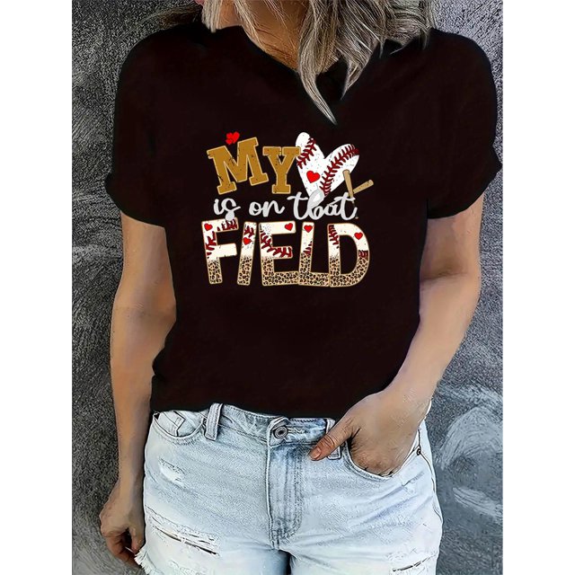T-Shirt Décontracté pour Femme avec Motif de Baseball et de Cœur - T-Shirt à Col Rond Confortable à Manches Courtes, Parfait pour l'Été, la Fête des Pères, la Fête des Mères, le Nouvel An, le Festival du Printemps, la Saint-Valentin, la Fête de l'Indépendance, la Naissance