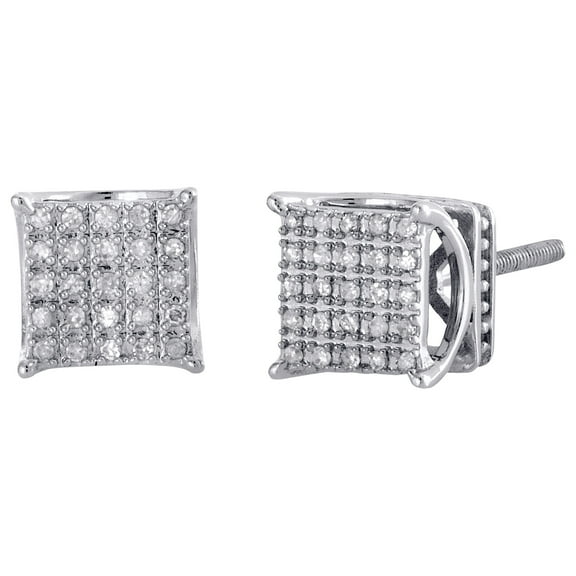 10K White Gold Pave Set Diamond 4 Prong 3D Square Studs Mini Earrings 0.15 CT.