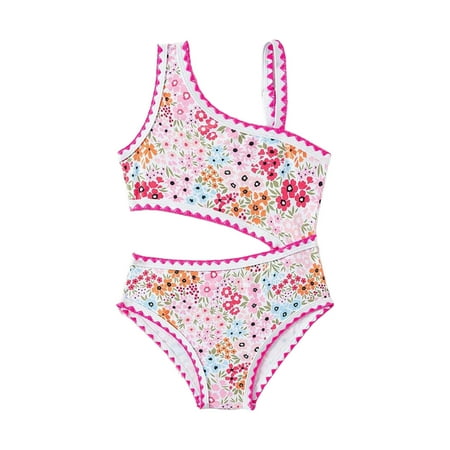 DGQPLPD Girls Rash Guard Swimsuit Hollow Out Floral Print Swimsuit with Seashell Embroidery Beach Swimwear for Toddler and Kid Hot Pink 7-8 Years