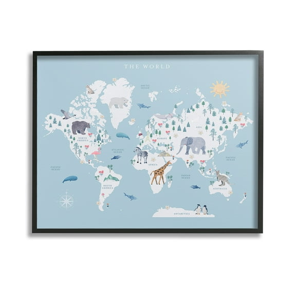 Stupell Industries World Animals Map Animals & Insects Painting Black Framed Art Print Wall Art, 14 x 11