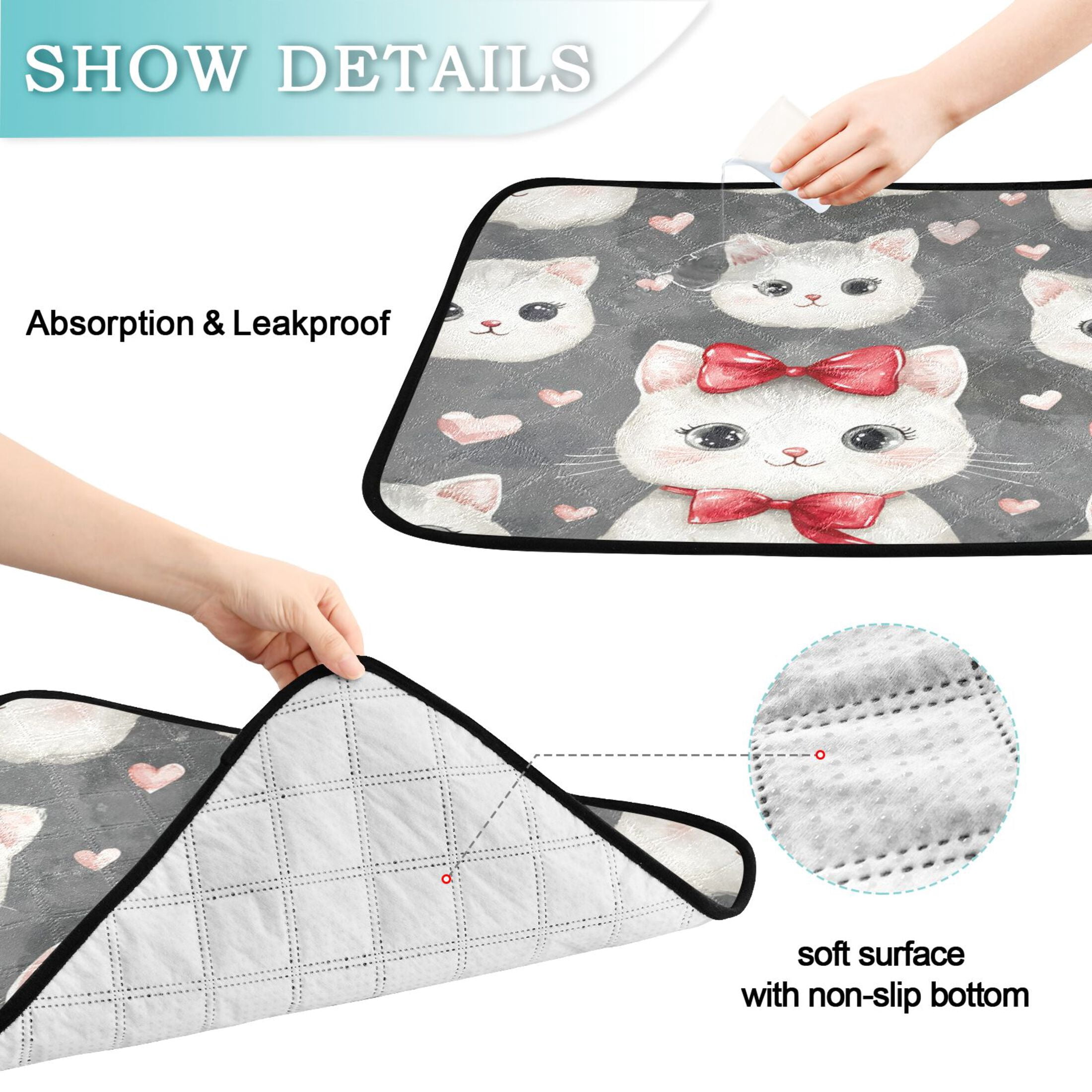 Qxltty Adorable White Cats Pattern Cat litter Pads Pet Set of 3 Diaper Mats Center Anti-leakage Layer Absorbent Soft and Comfortable