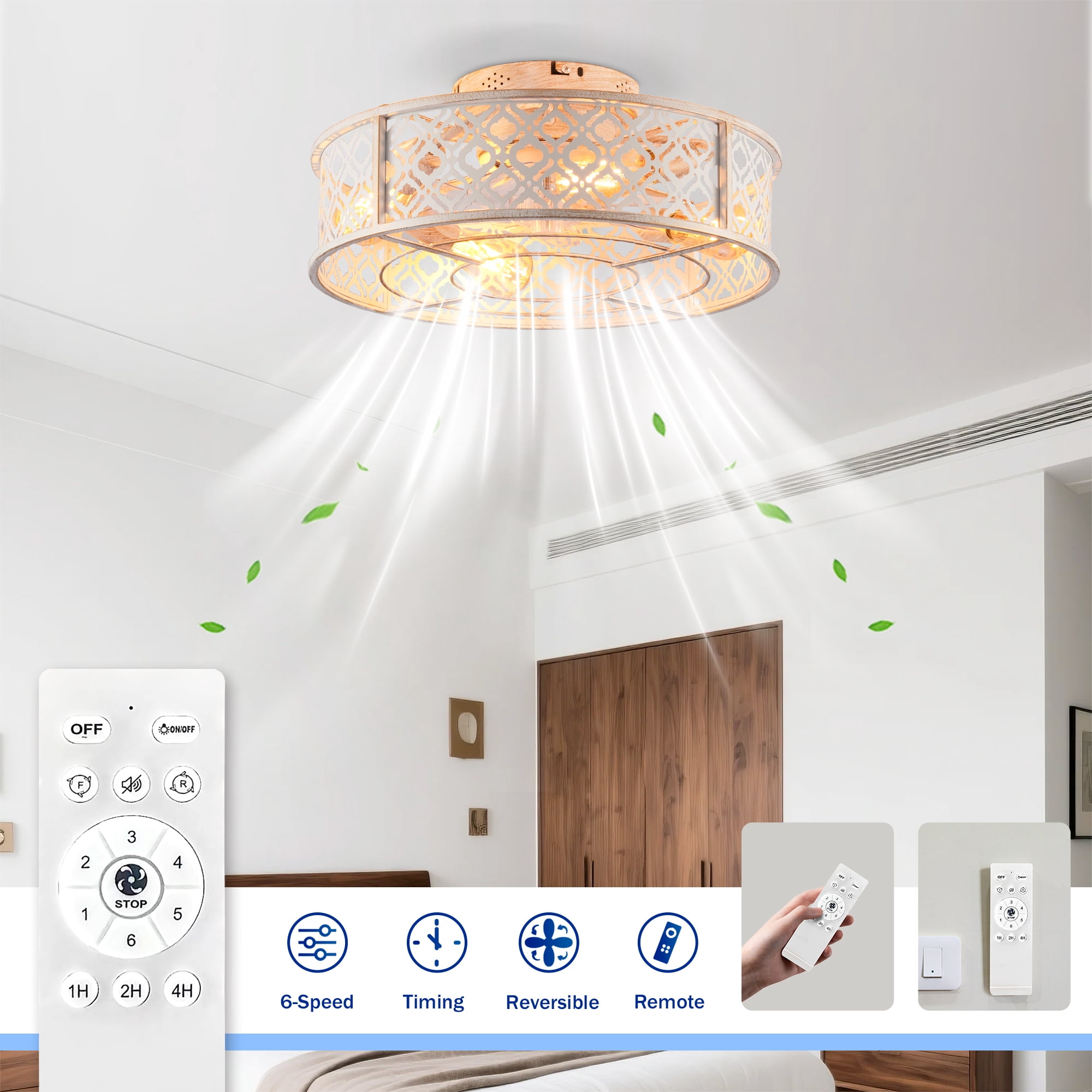 Leumius 20" Flower Style Iron Ceiling Fans with Light and Remote,Flush Mount Caged Ceiling Fan for Living Room Bedroom Dining Room White (NOT Included Bulbs)
