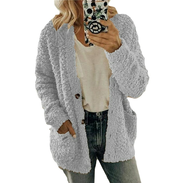 Daeful Coat Winter Warm Outwear Long Sleeve Jacket Ladies Loose Fluffy Cardigan Light Grey L