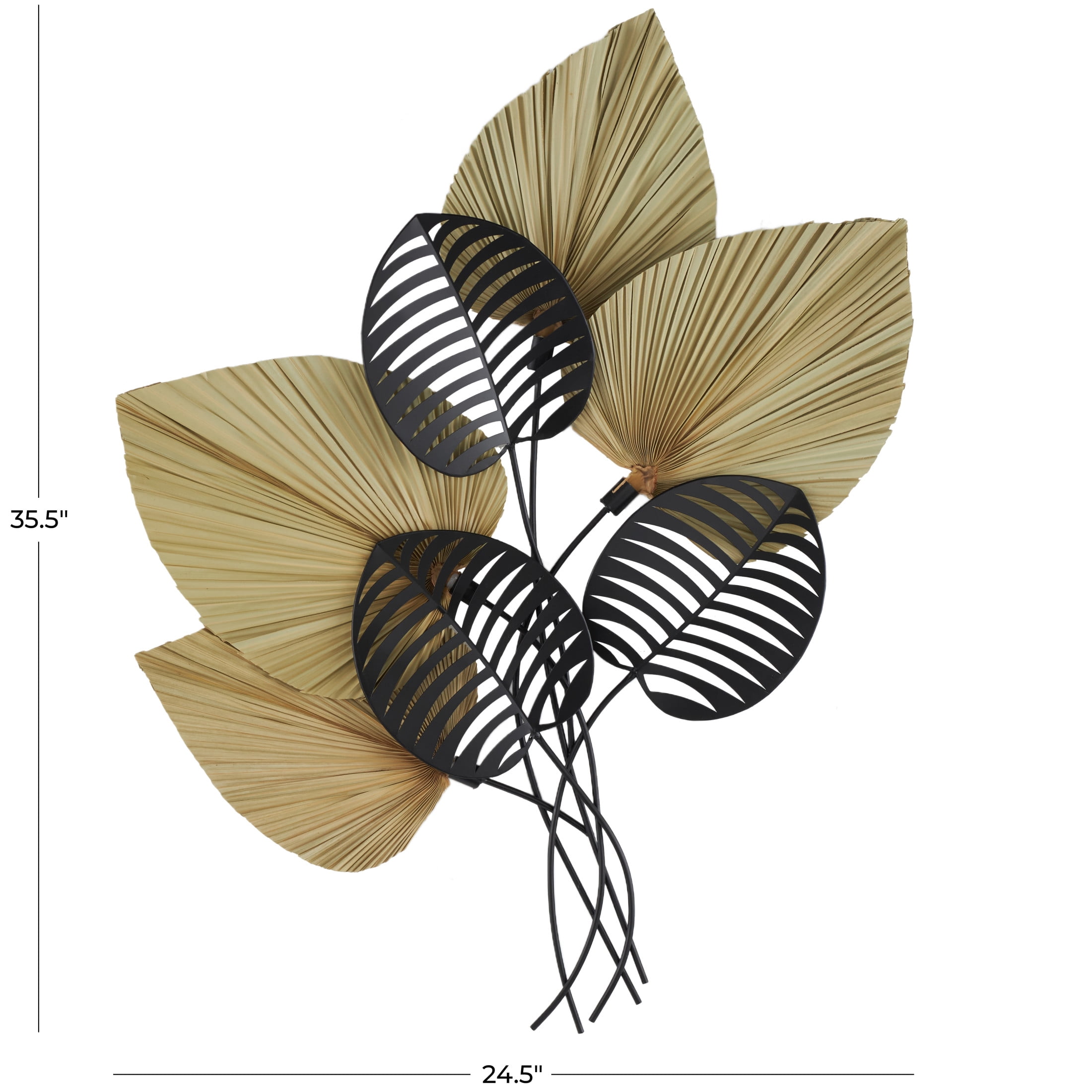 DecMode Brown Rattan Layered Leaf Palm Tree Wall Decor with Black Metal Cutout Leaf Accents
