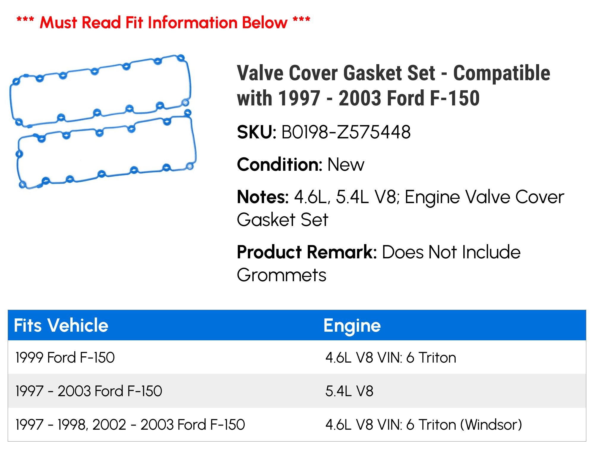 Valve Cover Gasket Set - Compatible with 1997 - 2003 Ford F-150 - Replacement