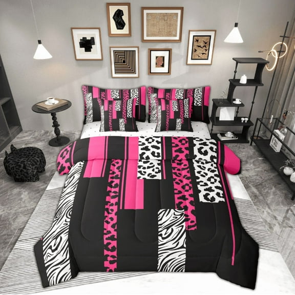 Manfei Chic Leopard Print Twin Bedding Sets 7-Piece for Female, Cheetah Zebra Animal Bedding Comforter Set, Black Pink Geometric Reversible Sheet Sets, Super Cozy Room Decor