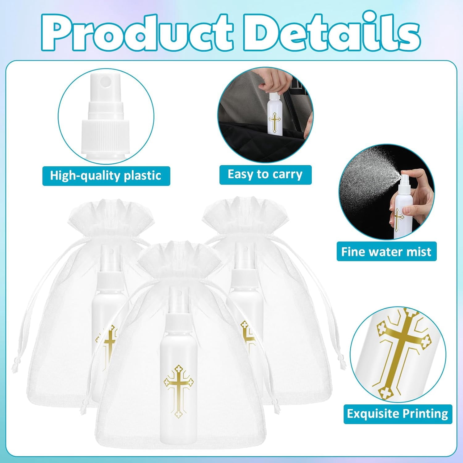 48 Pcs 2 oz Holy Water Spray Bottles Catholic Bulk Plastic Holy Water Empty Containers with Organza Bags for Church Events Wedding Baptism Party Favors