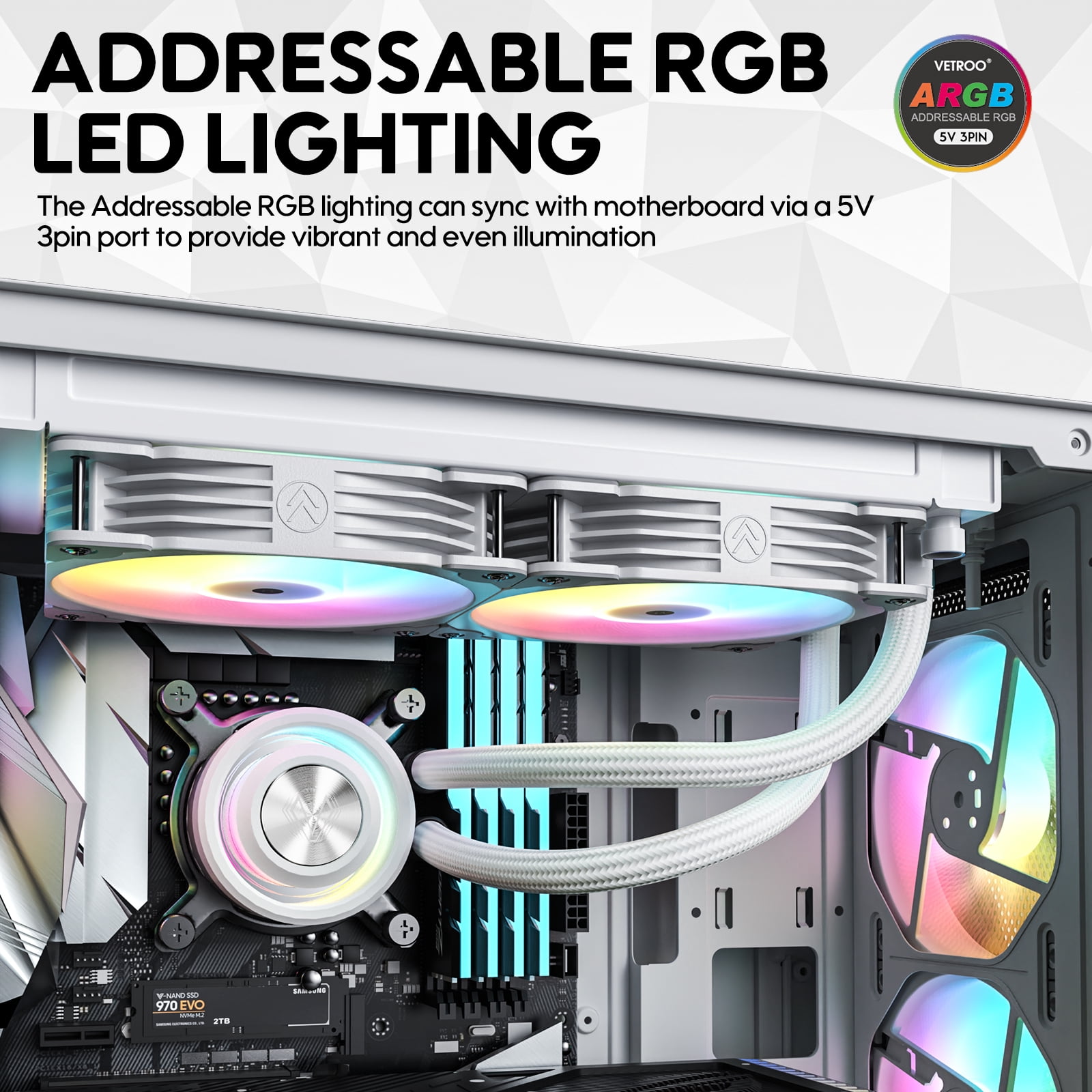 Vetroo R240 White 240mm Radiator Liquid CPU Cooler with Customized Pure Copper Base Pump Head Addressable RGB & FDB Fans & PWM Smart Control, Durable Braided Tube - AMD & Intel Socket - White