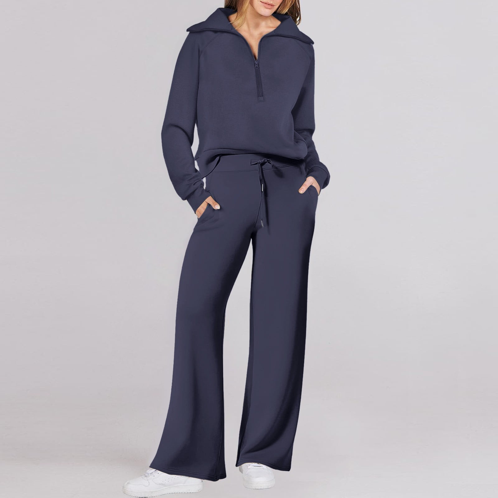 CILENON Sweat Suit Women Two Piece Outfits Sweatsuit Set Quarter Zip Sweatshirt Wide Leg Sweatpant Fall Set Tracksuit Matching Sets Women Clothing Athleisure Sets Women (Navy Blue,XXL)