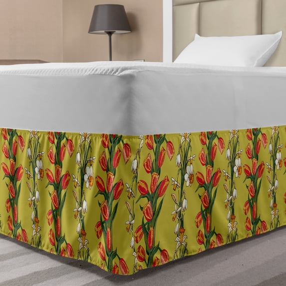 Floral Bed Skirt, Vertical Strips of Tulips and Daffodils Leafy Botanical, Elastic Bedskirt Dust Ruffle Wrap Around for Bedding Decor, 4 Sizes, Khaki Multicolor, by Ambesonne