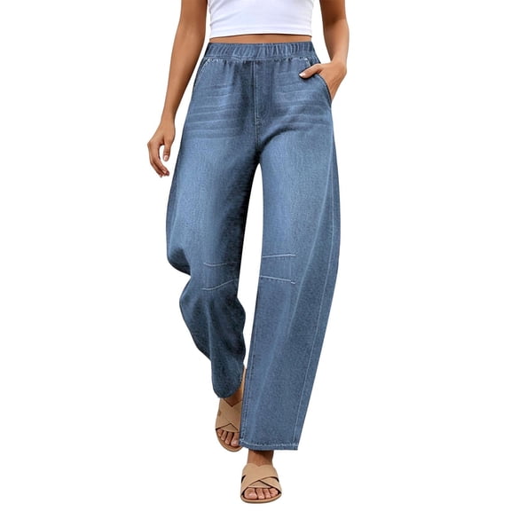 yeiolnoer Jeans for Women Casual Elastic Waist Trousers Wide Leg Denim Pants with Pockets for Everyday Wear Fashion Clothes(Light Blue,X-Large)