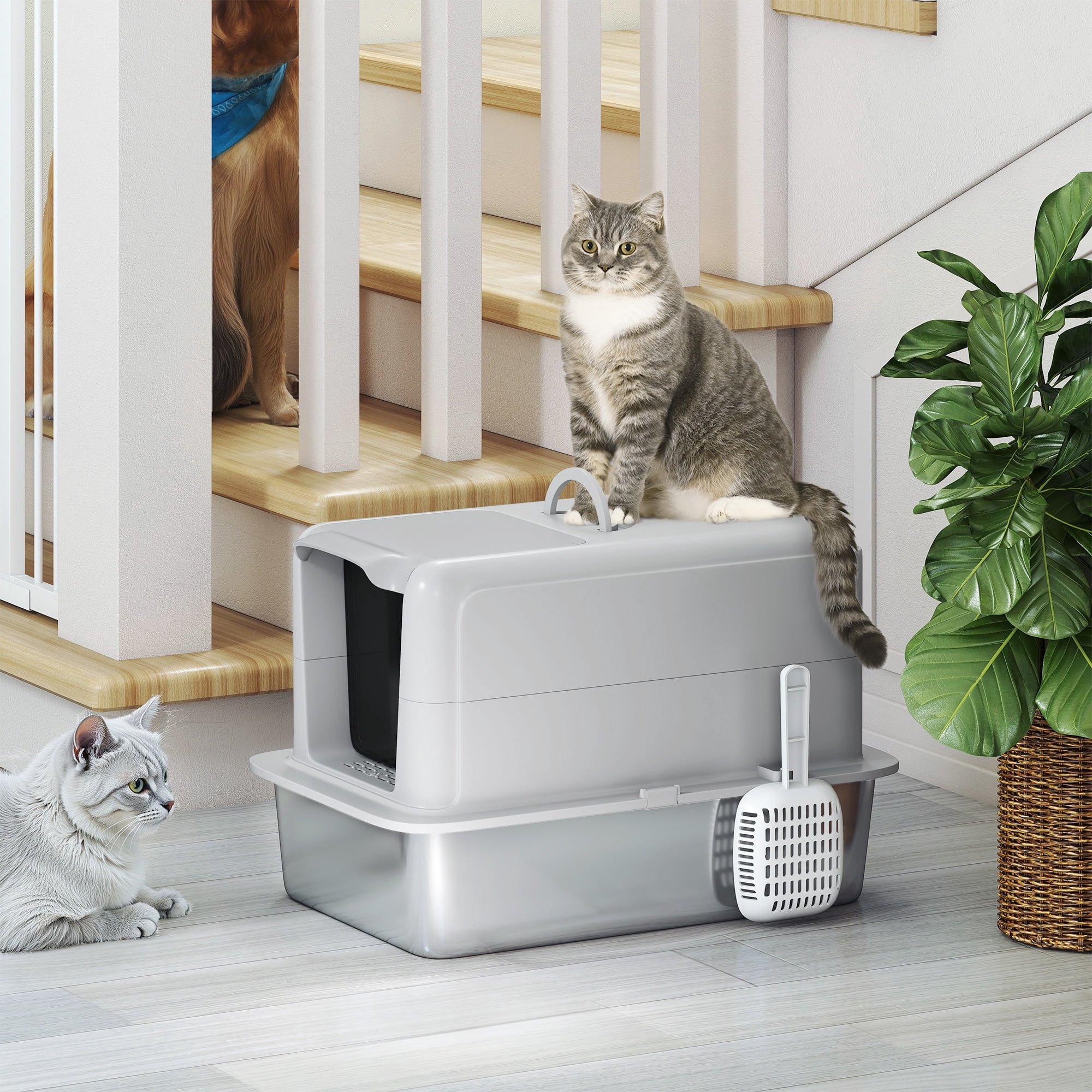 PawHut Stainless Steel Cat Litter Box, Extra Large 2 in 1 Kitty Litter Box with Removable Lid, Scoop, Filter Bags, for Small to Large Cats, Gray