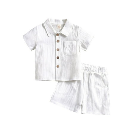 wybzd Baby Boys Cotton Linen Clothes Set Solid Color Lapel Short Sleeve Single-Breasted Tops Shorts Set White 2-3 Years