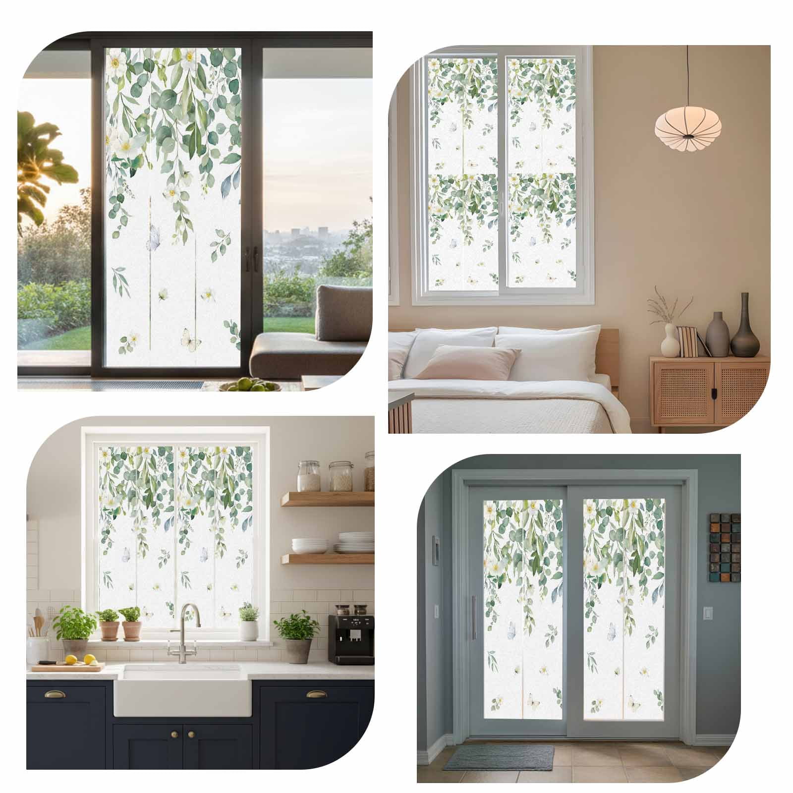 Summer Botanical Window Privacy Film, Watercolor Eucalyptus Leaves Farmhouse Frosted Glass Window Clings Static Cling UV Heat Blocking Reusable Door Sticker for Bathroom 23.6 x 59 Inch