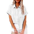 thumbnail image 1 of Women's Solid Color Linen Shirt Short Sleeve Casual Loose Shirt, 1 of 1