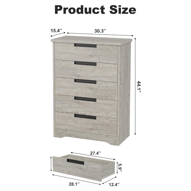 Kojooin Commode à 5 Tiroirs pour Chambre, Commode Grise avec Poignées Encastrées pour Salon Ou Entrée