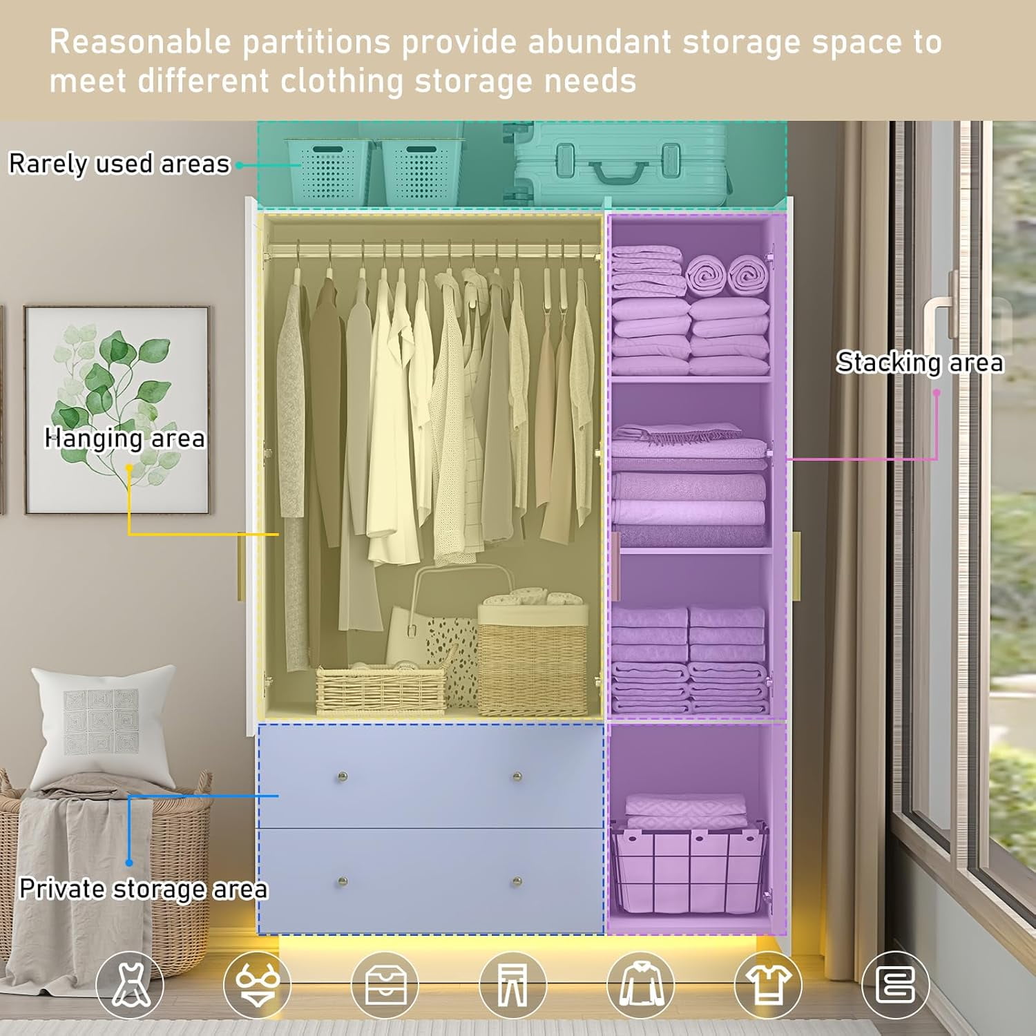 3 Doors Armoire Wardrobe Closet with Mirror and LED Lights, Armoire with Doors and Drawers, Modern Wooden Armoire Wardrobe Closet with Hanging Rod for Bedroom