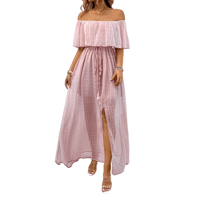 Vestido Informal de Lunares con Hombros Descubiertos para Mujer, con Volantes, Corsé, Borlas y Cintura Alta, con Abertura y Abertura, Color Liso Rosa Oscuro S