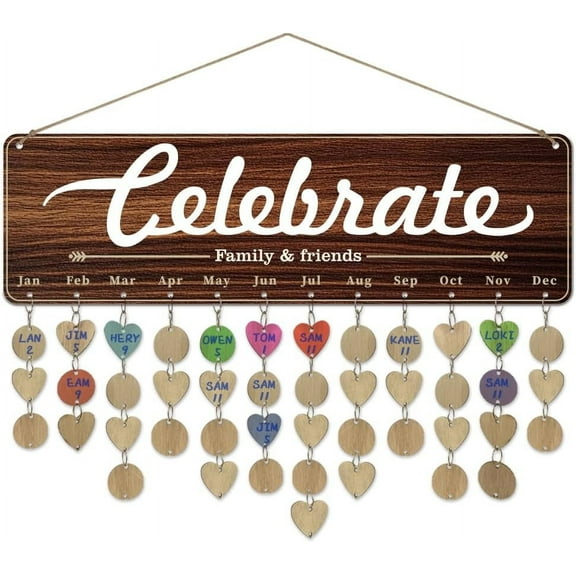 1 Pc Wooden Family Birthday Reminder Calendar Plaque Celebrate Family and Friends Calendar Wall Hanging with 100 Tags Christmas Gifts