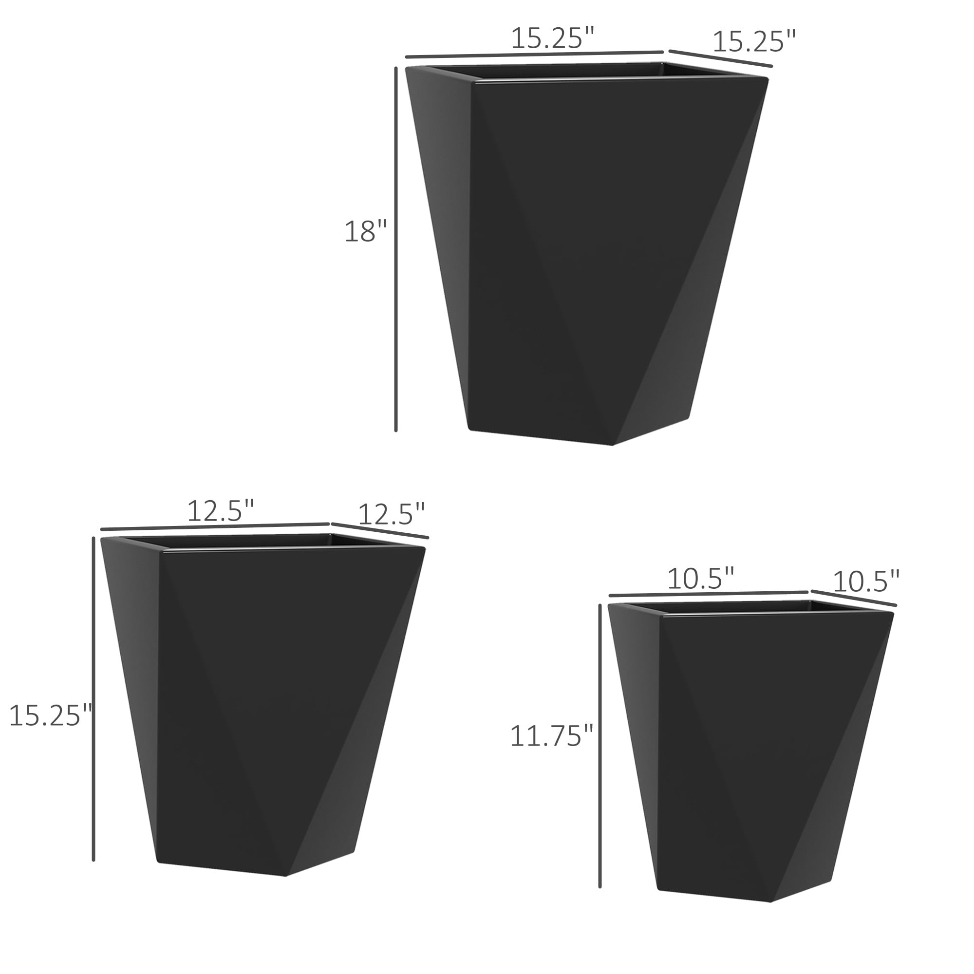 Set of 3 Tall Planters, 18", 15.25", 11.75", Indoor Outdoor Planters with Drainage Holes, Stackable Flower Pots for Garden, Patio, Balcony, Front Door, Black